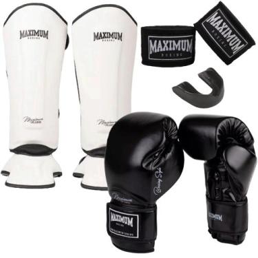 Imagem de Kit luva de boxe classic black + caneleira muay thai classic white + b