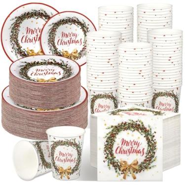 Imagem de Jinei Conjunto de 250 peças de utensílios de mesa de Natal para 50 convidados, pratos de papel e guardanapos de Natal, copos descartáveis, utensílios de jantar de Natal, festa de inverno, decoração de mesa (guirlanda)