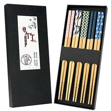 Imagem de YT Direct 5 Pares de Pauzinhos de Bambu Natural Japonês com Impressão Exclusiva, Conjunto de Presente de Pauzinho Reutilizável para Macarrão de Arroz de Sushi, Talheres Chineses Laváveis para Máquina