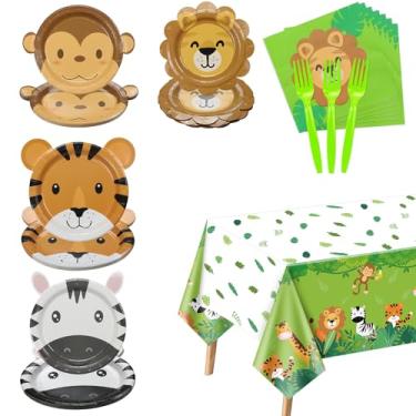 Imagem de PIXHOTUL Decorações de festa de safári na selva – inclui pratos em forma de animal, toalha de mesa, guardanapos, garfos, suprimentos temáticos de safári para aniversário infantil, chá de bebê, festa