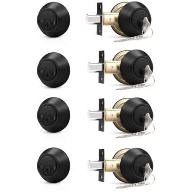 Imagem de Probrico Conjunto de fechadura de fechadura de cilindro duplo preto, pacote com 4 fechaduras laterais com chave redonda para porta externa e interna