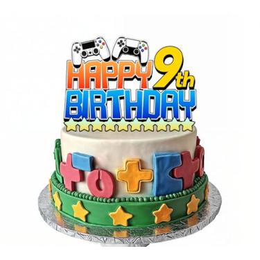 Imagem de Topper de bolo de 9º aniversário de videogame, controlador de bolo feliz 9º aniversário, topo de bolo temático de jogos para crianças, meninos, meninas, decoração de festa de aniversário de 9 anos