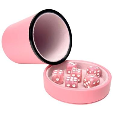 Imagem de Luck Lab Pink Leather Dice Cup with Lid Including 6 Matching Pearl Dice - Pink Velvet Interior for Quiet Shaking - Use for Liars Dice Farkle Yahtzee Board Games