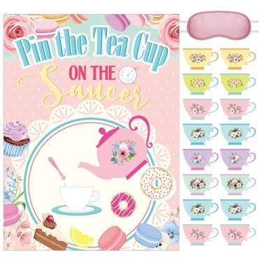 Imagem de Tenceur 34 Pieces Tea Party Games Tea Party Birthday Decoration for Girls Pin The Tea Cup on The Saucer for Kids Tea Party Poster Stickers with Blindfold School Classroom Party Activity Supplies