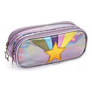 Imagem de Estojo Duplo Infantil Unicórnio Estrela Roxo Escolar Denlex