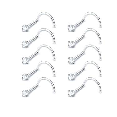 Imagem de DGhera Brincos de nariz: 10 peças 20G 316L aço cirúrgico piercing de nariz hipoalergênico saca-rolhas piercing de nariz joia de zircônia cúbica para mulheres e homens, 20Gauge(0.8mm), Aço inoxidável
