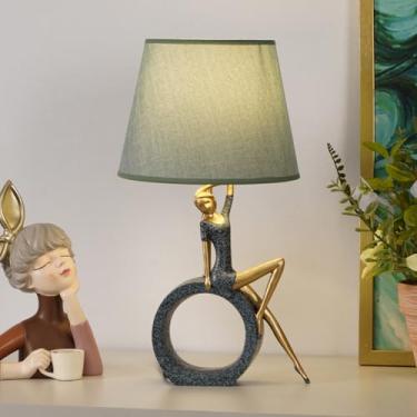Imagem de SUPERHONGJIHAO Luminária de mesa decorativa de arte feminina, luminária de cabeceira moderna de 48 cm com sombra de linho, base de resina azul e dourada, lâmpadas LED incluídas