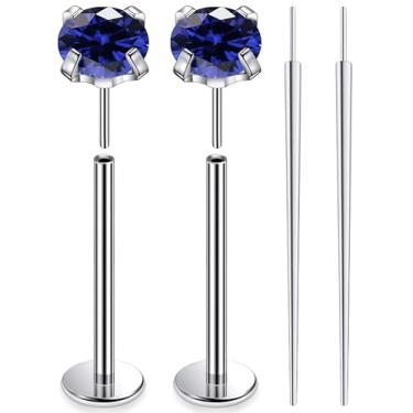 Imagem de Ruifan ASTM F136 titânio bochecha piercing barra joias sem rosca push in flat back língua anéis azul zircônia cúbica sólido titânio labret piercing corporal joias para mulheres homens 14G 16 mm