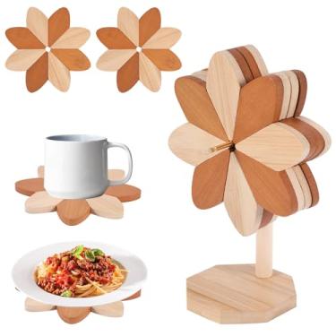 Imagem de 4 peças de madeira para pratos quentes, trivets de árvore resistentes ao calor de duas cores para cozinha, com suporte e pilar, acessórios de cozinha de madeira