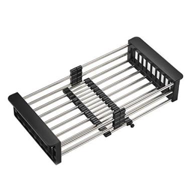 Imagem de TUTEW Escorredor de louça, escorredor de pratos sobre a pia, escorredor de aço inoxidável com suporte de braços ajustáveis, organizador funcional de pia de cozinha para vegetais e frutas, preto