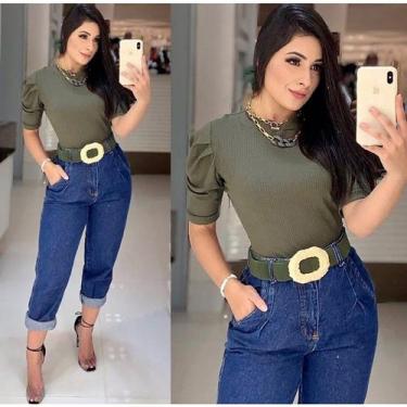 Imagem de blusa feminina gola alta manga curta bufante malha canelada bloguera -