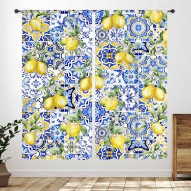 Imagem de Cortinas de cozinha com limão amarelo, azulejos azuis retrô, estampa de frutas e limão, para janela, tratamentos para sala de estar, quarto, banheiro, café, 2 painéis, 106 x 113 cm