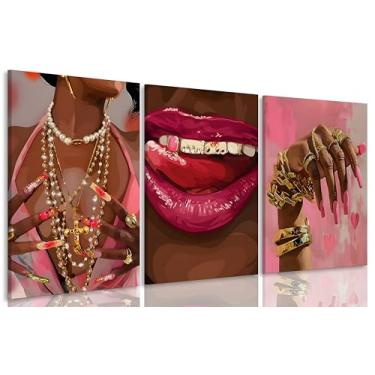 Imagem de 3 peças emolduradas rosa moda menina negra arte de parede Vogue afro-americana impressão de pôster menina negra para sala de estar, quarto, decoração de casa