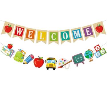 Imagem de Faixa de boas-vindas de volta às aulas, 2 conjuntos de guirlandas escolares, decorações de primeiro dia de escola, faixa de boas-vindas para sala de aula, professores, festas, materiais escolares
