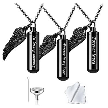 Imagem de Pacote com 3 colares de urna cilíndrica para cinzas, pingente memorial de lembrança com pingente de asa de anjo de aço inoxidável à prova d'água, joia de cremação para cinzas, medalhão - Forever In My Heart, Metal, Sem pedras preciosas
