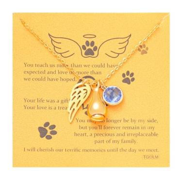 Imagem de TGOLM Colar de urna animal de estimação para presente de simpatia por perda de animais de estimação para cinzas, pingente de asa de anjo, pedra do mês de nascimento, joia de lembrança de cremação para