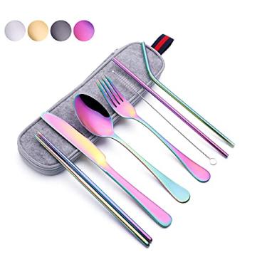 Imagem de Kitiok Conjunto de talheres de viagem com estojo (arco-íris), conjunto de talheres portátil, conjunto de utensílios de acampamento, 8 peças reutilizáveis de aço inoxidável portátil, conjunto de talheres para viagem, lavável na máquina de lavar louça