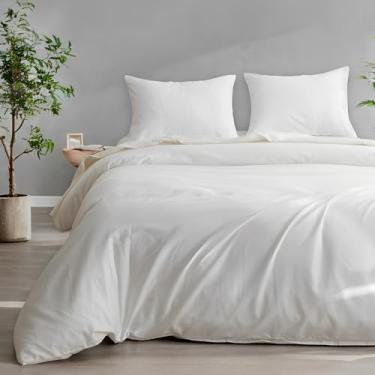 Imagem de HeimenAogo Capa de edredom de algodão Tencel Queen Size – Conjunto de cama de coleção de hotel de luxo suave e sedoso, 227 x 234 cm, capa de edredom com zíper, branco brilhante