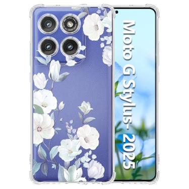 Imagem de Tcaraersing Capa transparente para Motorola Moto G Stylus 2025 com design de flor, atualizada [proteção total da câmera] à prova de choque canto transparente TPU macio para meninas mulheres capa