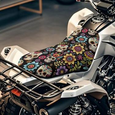 Imagem de Doojoayie Capa de assento de quadriciclo caveira acessórios de quatro rodas capa de assento de motocicleta moderna com borda elástica protetor universal de banco traseiro compatível com a maioria dos
