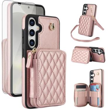 Imagem de Capa de celular para Samsung Galaxy S24 FE 5G carteira celular com protetor de tela de vidro temperado alça transversal suporte de cartão de crédito bloqueio RFID S 24 EF AI S24FE 24S mulheres meninas