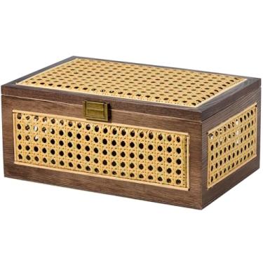 Imagem de VinneGenzz Caixas de armazenamento de vime cestas decorativas de madeira natural feitas à mão com tampa moldura de madeira boho rústica caixa de vime empilhável caixotes de cana de tecido prateleira