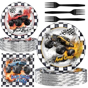 Imagem de Pratos e guardanapos Monster Truck – Utensílios de mesa azul vermelho para meninos aniversário ou chá de bebê