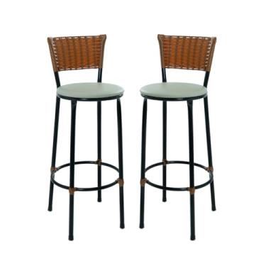 Imagem de Kit 2 Banquetas Cadeiras Altas Bistrô Encosto em Junco Imbuia Para Bancadas, Cozinhas e Áreas externas (BEGE)