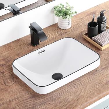 Imagem de KDKSC Pia de vaso de banheiro 45 cm x 33 cm pequena pia de banheiro semi embutida retangular com transbordamento branco com acabamento preto pias de cerâmica moderna para banheiro