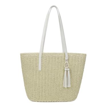 Imagem de Bolsa feminina grande de palha feita à mão mão bolsa de ombro bolsa de praia de verão com borla, Bege com uma alça branca
