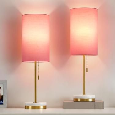 Imagem de Luvkczc Conjunto de 2 candeeiros de mesa minimalistas, candeeiro de cabeceira para quarto, sala de estar, candeeiro de cabeceira moderno com base de mármore, sombra de tecido, candeeiro de mesa