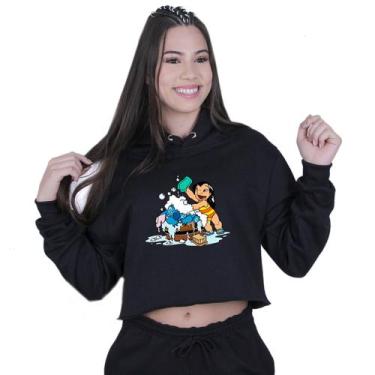 Imagem de Cropped Moletom Feminino Lilo Stitch Banho - Lafre, Preto, M
