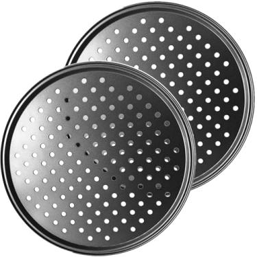 Imagem de ZJRDYYK Forma de pizza de aço com furos, bandeja de pizza de 32 cm, assadeira antiaderente para pizzas, formas redondas perfuradas para assar em casa, restaurante, cozinha, forno
