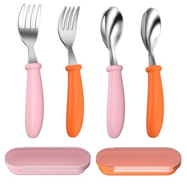Imagem de WXCWYQR Utensílios infantis, garfos e colheres infantis, conjunto de talheres de aço inoxidável para bebês com caixa de armazenamento para alimentação automática, pode ser lavado na lava-louças (2