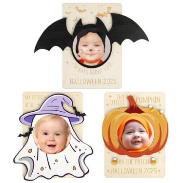 Imagem de Yewfold 3 peças, porta-retrato de Halloween, primeiro dia das bruxas, design morcego boo, abóbora, exibição de parede de madeira, exibição suspensa e decoração de casa (bebê)