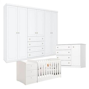 Imagem de Quarto Americano 6 Portas com Berço Multifuncional Atlanta Branco Fosc