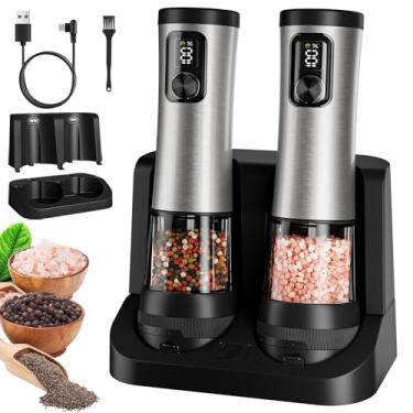 Imagem de Conjunto de moedor elétrico de sal e pimenta, configuração de 2 velocidades, agitadores de pimenta automáticos recarregáveis de aço inoxidável com base de carregamento USB, grande capacidade de 100 ml