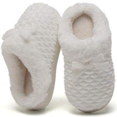 Imagem de WateLves Pantufas infantis sem cadarço para casa de inverno antiderrapante macio coral para uso interno e externo, Branco, 15