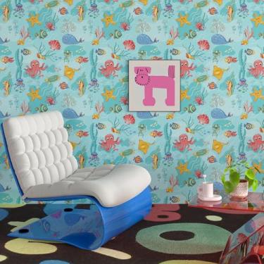 Imagem de CHIHUT Papel de parede colorido com tema de 45 cm x 599 cm para sala de aula quarto papel de parede azul autoadesivo decorativo algas marinhas polvo estrela do mar crianças papel de parede para
