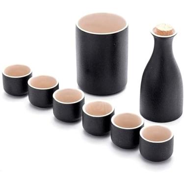 Imagem de TLTDSMY Conjunto de copos de saquê japonês, 4 peças, cerâmica, cerâmica, tradicional, artesanato, taças de vinho, conjunto de saquê japonês com 1 garrafa de saquê e 2 copos de saquê, preto, 6 peças