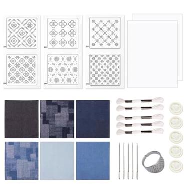 Imagem de Yushen Kit Sashiko para iniciantes, dedal de linha e agulhas Sashiko, padrões solúveis em água e tecido jeans, kit de bordado japonês para estofamento manual e suprimentos de costura (padrão floral