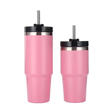 Imagem de Com tampa e canudo, 590 ml de aço inoxidável isolado a vácuo com canudo, caneca de café de viagem, copo reutilizável para aspirador de pó de carro para chá de bolhas, smoothie, suco (rosa)