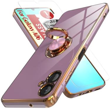 Imagem de AZHEPU Capa para Samsung Galaxy A06 com protetor de tela de vidro temperado, capa para Galaxy A06 com suporte magnético de anel, borda dourada banhada a ouro, capa fina de TPU macio para Samsung A06,