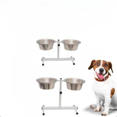 Imagem de Comedouro Duplo Elevado Alto Ajustável Regulável pra Cachorro P, M, G e Mini Gatos/Filhotes(Médio Branco)