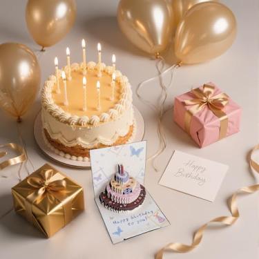 Imagem de Cartão de aniversário, cartão pop up papel bolo de aniversário, cartão de felicitações 3D com cartão de notas e envelope para ela ele mulheres homens, borboleta floral, azul
