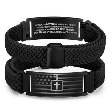 Imagem de VNOX Pulseira com cruz e verso da Bíblia da bandeira americana para homens, adolescentes, crianças, joias, religiosas, ideias de presente de aniversário para homens, Páscoa, Dia dos Namorados, batismo