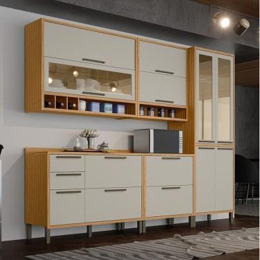 Imagem de Cozinha Modulada Completa 5 Peças 11 Portas E Vidro Reflecta 274cm 100% Mdf Vicenza Espresso Móveis Amêndoa-off White