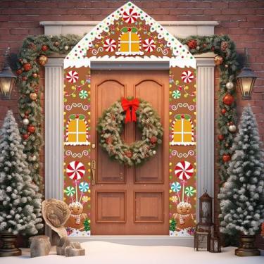 Imagem de Mindsoft Capa de porta de casa de pão de gengibre de Natal decorações de festa banner de natal de gengibre placa de varanda de natal faixa de porta externa para casa sala de aula decoração de