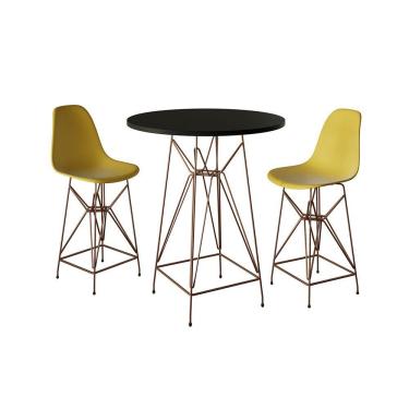Imagem de Jogo Mesa Bistrô Eames Preta 60Cm 2 Banquetas Amarela Base Ferro Cobre - Cor: Preto