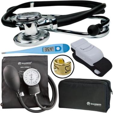 Imagem de Kit Aparelho Pressao Esfigmomanometro Estetoscopio Rappaport Termometr